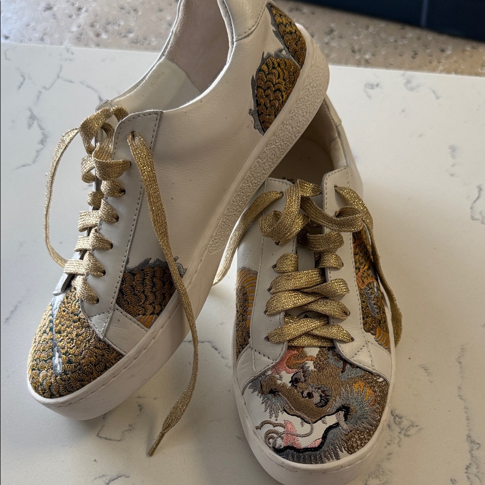 Johnny Was White and Gold Embroidered Sneakers
